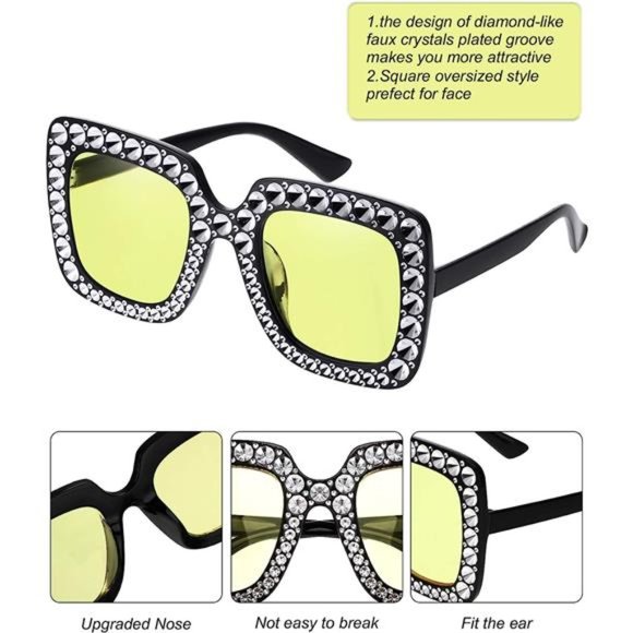 6 Pairs Crystal Oversized Square Sunglasses Diamond Glitter Sunglasses Retro - Picture 2 of 6
